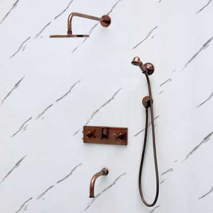 Antique Copper Shower System with Flat Round Rain Adjustable Shower Head, Handheld Shower Head, Central Copper Plaque, Tub Filler and Cross Handles