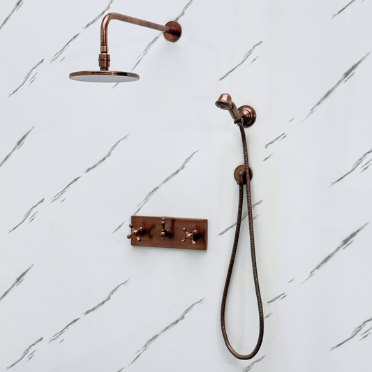 Antique Copper Shower System with Flat Round Rain Adjustable Shower Head, Handheld Shower Head, Central Copper Plaque and Cross Handles