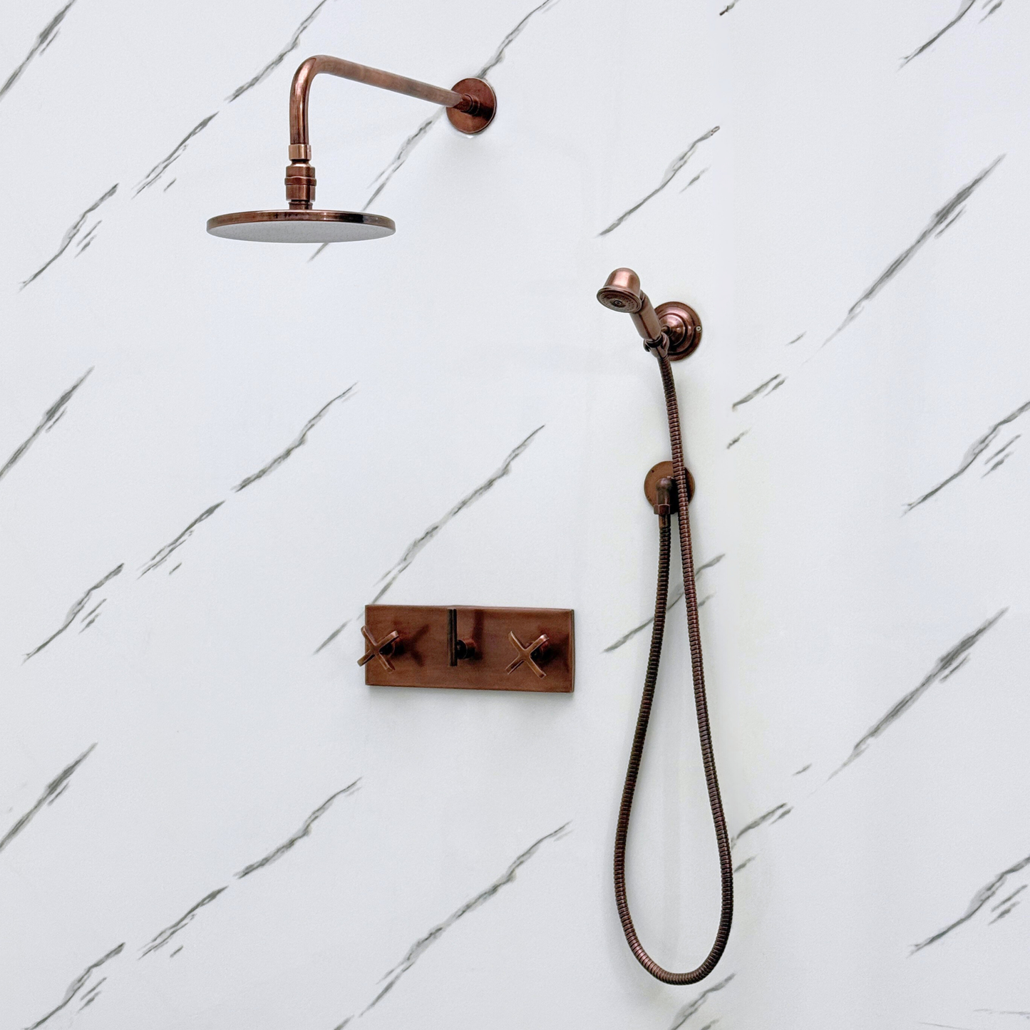 Antique Copper Shower System with Flat Round Rain Adjustable Shower Head, Handheld Shower Head, Central Copper Plaque and Cross Handles