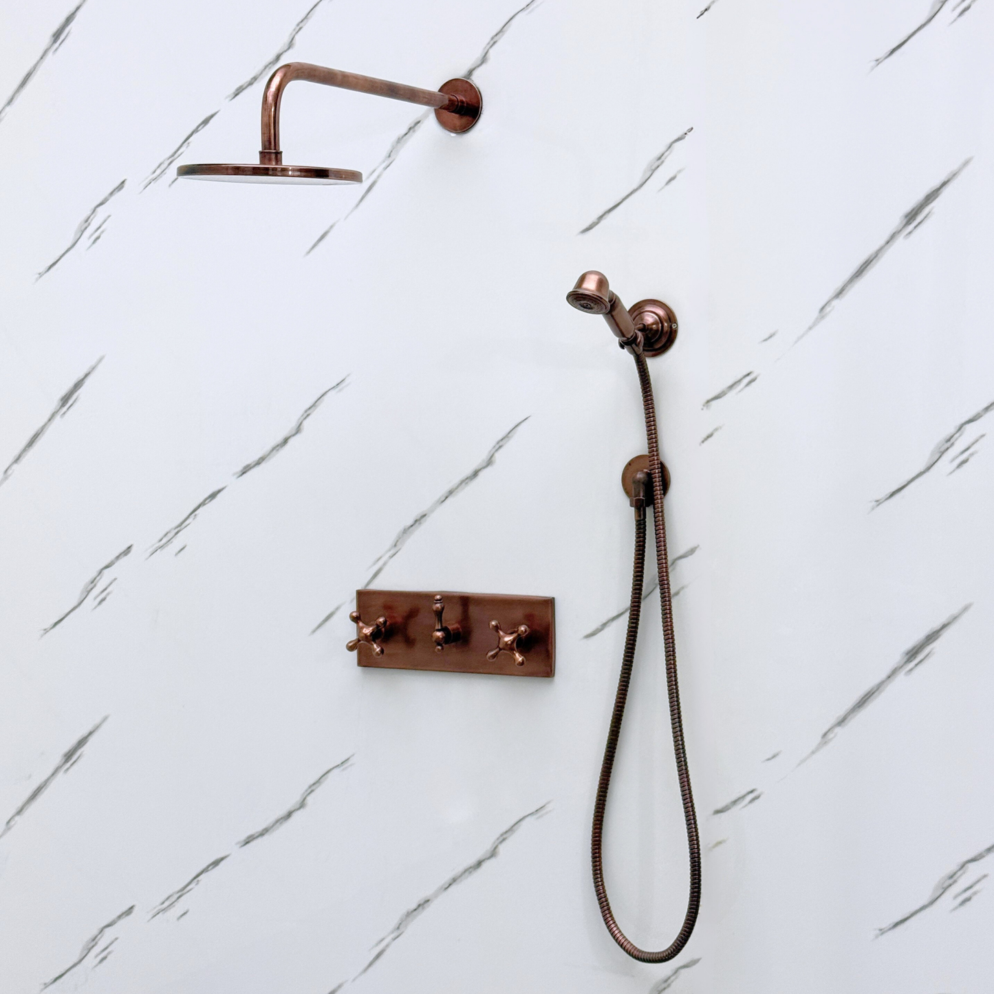 Antique Copper Shower System with Flat Round Rain Adjustable Shower Head, Handheld Shower Head, Central Copper Plaque and Cross Handles