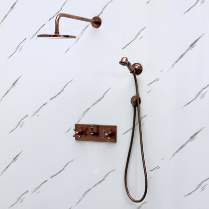 Antique Copper Shower System with Flat Round Rain Adjustable Shower Head, Handheld Shower Head, Central Copper Plaque and Cross Handles