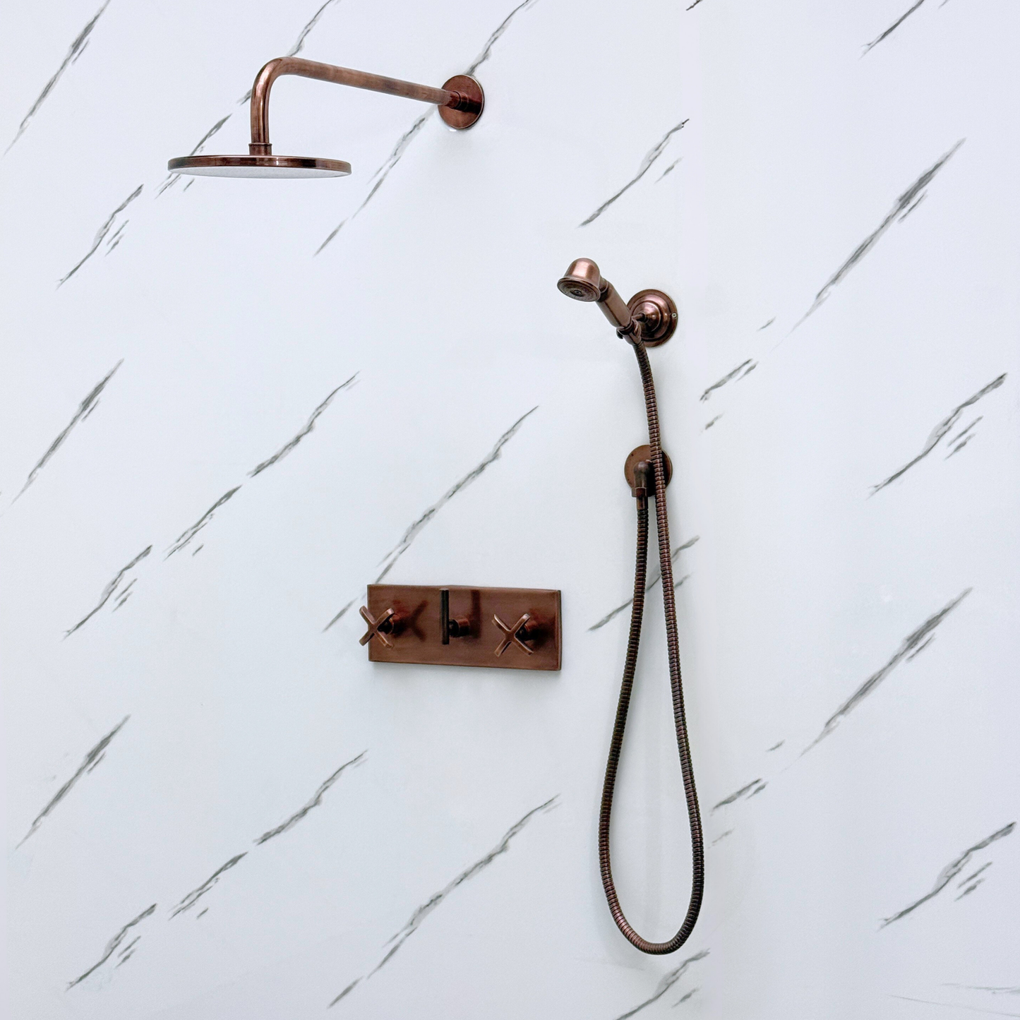 Antique Copper Shower System with Flat Round Rain Adjustable Shower Head, Handheld Shower Head, Central Copper Plaque and Cross Handles