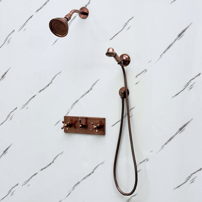 Antique Copper Shower System with Round Rain Adjustable Shower Head, Handheld Shower Head, Central Copper Plaque and Cross Handles
