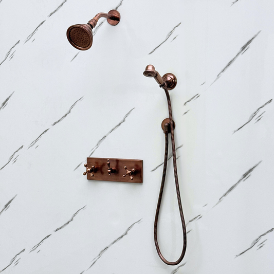 Antique Copper Shower System with Round Rain Adjustable Shower Head, Handheld Shower Head, Central Copper Plaque and Cross Handles