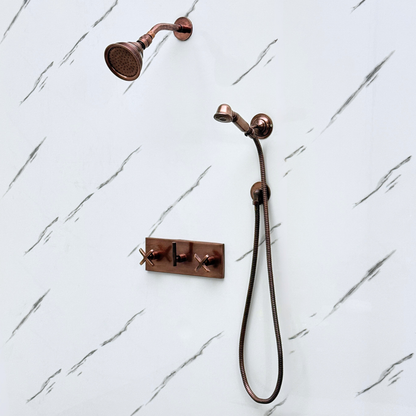 Antique Copper Shower System with Round Rain Adjustable Shower Head, Handheld Shower Head, Central Copper Plaque and Cross Handles