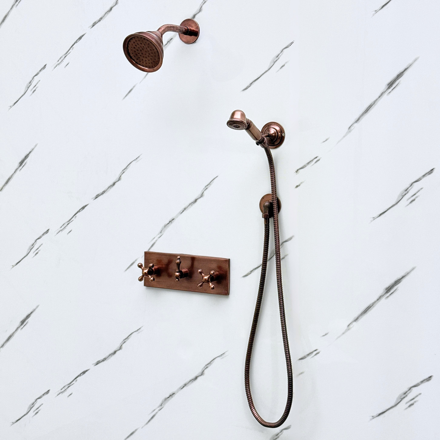 Antique Copper Shower System with Round Rain Adjustable Shower Head, Handheld Shower Head, Central Copper Plaque and Cross Handles