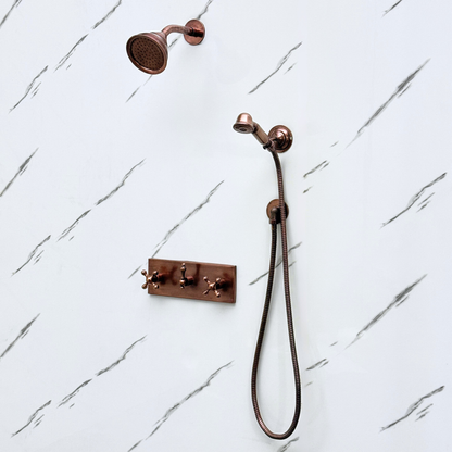 Antique Copper Shower System with Round Rain Adjustable Shower Head, Handheld Shower Head, Central Copper Plaque and Cross Handles