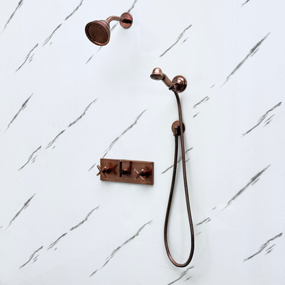 Antique Copper Shower System with Round Rain Adjustable Shower Head, Handheld Shower Head, Central Copper Plaque and Cross Handles