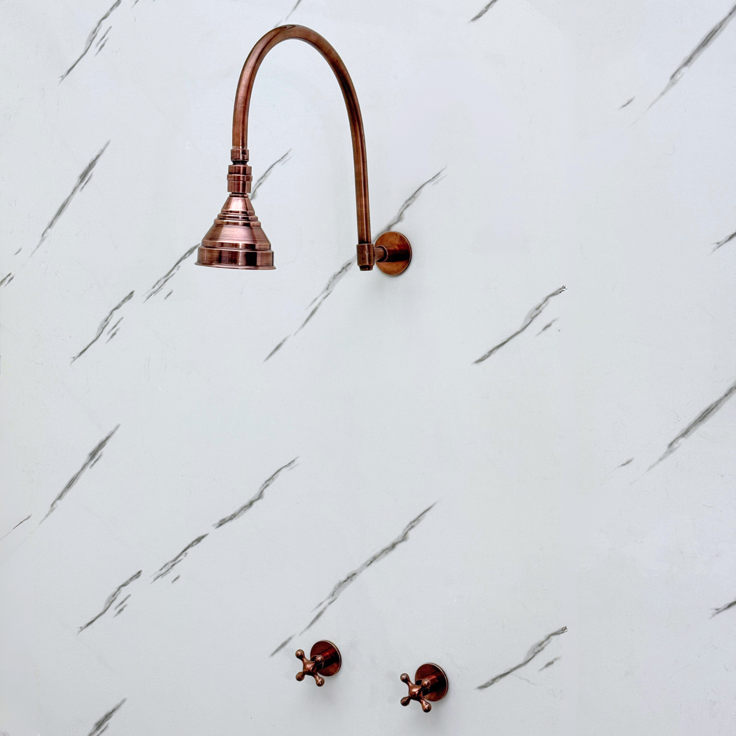 Antique Copper Shower System with Round Rain Shower Head, Arcuate Arm and Cross Handles