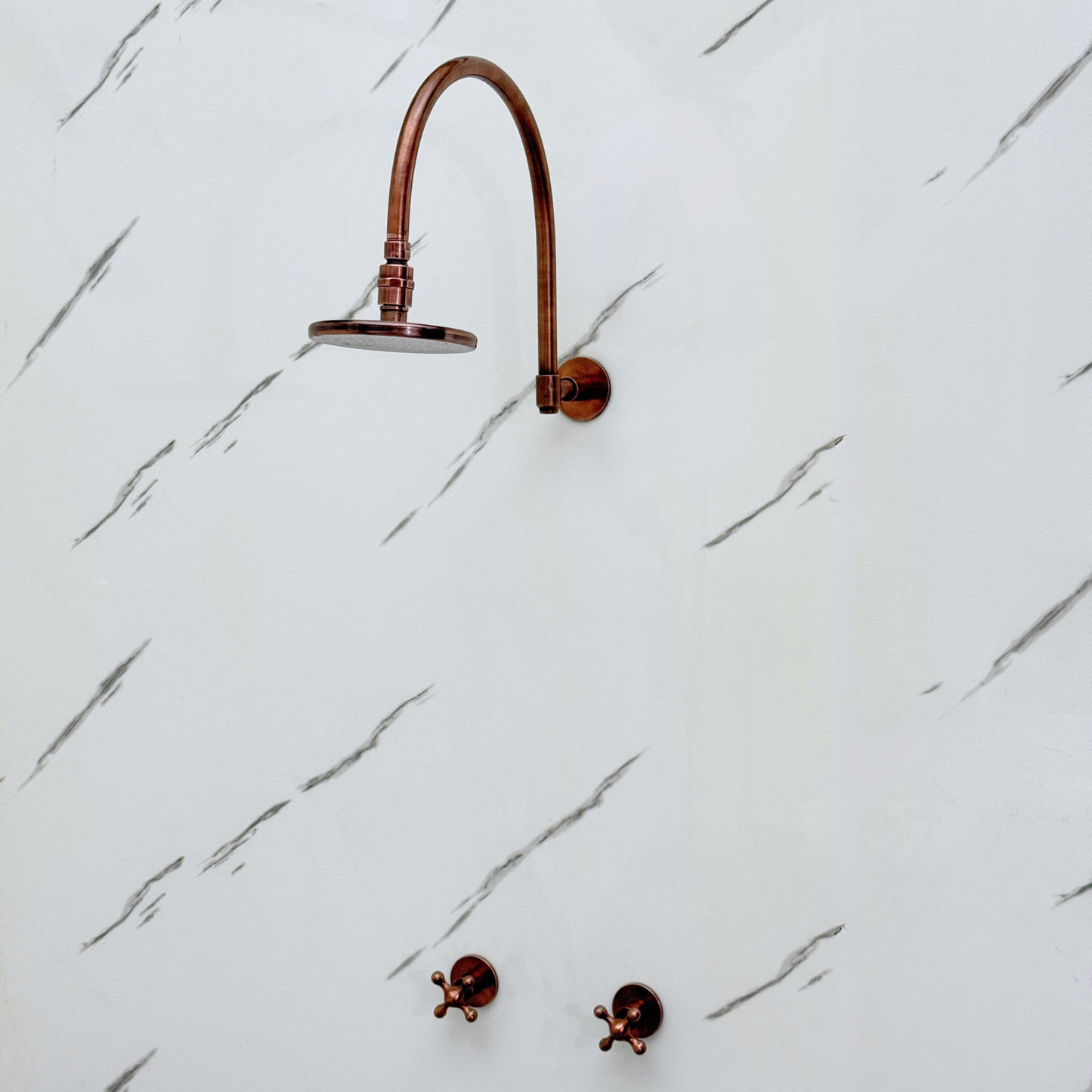 Antique Copper Shower System with Flat Round Rain Shower Head, Arcuate Arm and Cross Handles