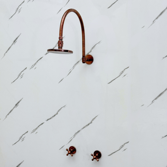 Antique Copper Shower System with Flat Round Rain Shower Head, Arcuate Arm and Cross Handles