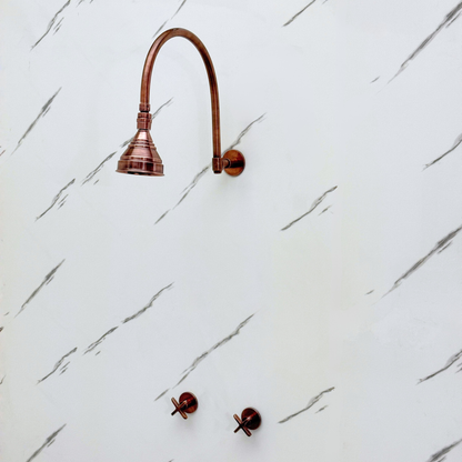 Antique Copper Shower System with Round Rain Shower Head, Arcuate Arm and Cross Handles