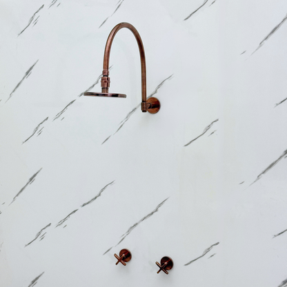 Antique Copper Shower System with Flat Round Rain Shower Head, Arcuate Arm and Cross Handles