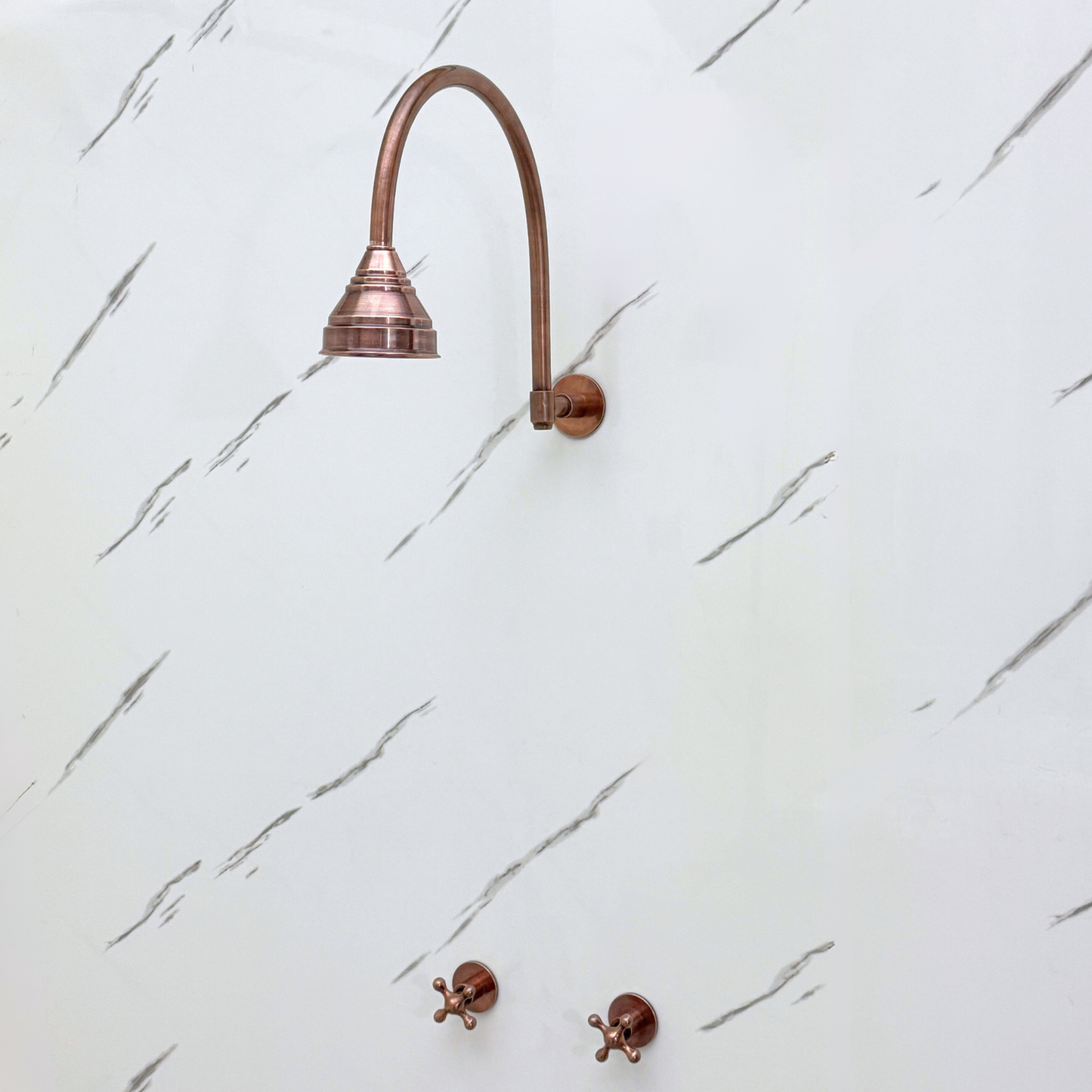 Antique Copper Shower System with Round Rain Shower Head, Arcuate Arm and Cross Handles