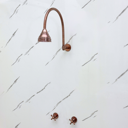 Antique Copper Shower System with Round Rain Shower Head, Arcuate Arm and Cross Handles
