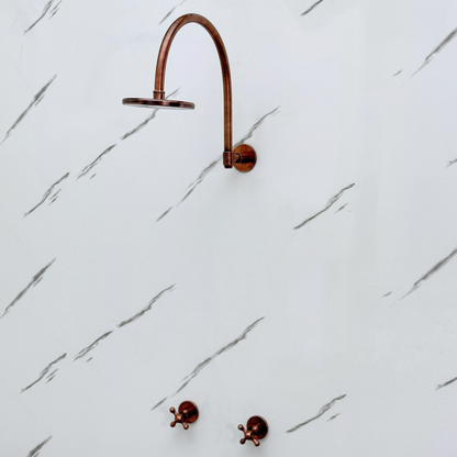 Antique Copper Shower System with Flat Round Rain Shower Head, Arcuate Arm and Cross Handles