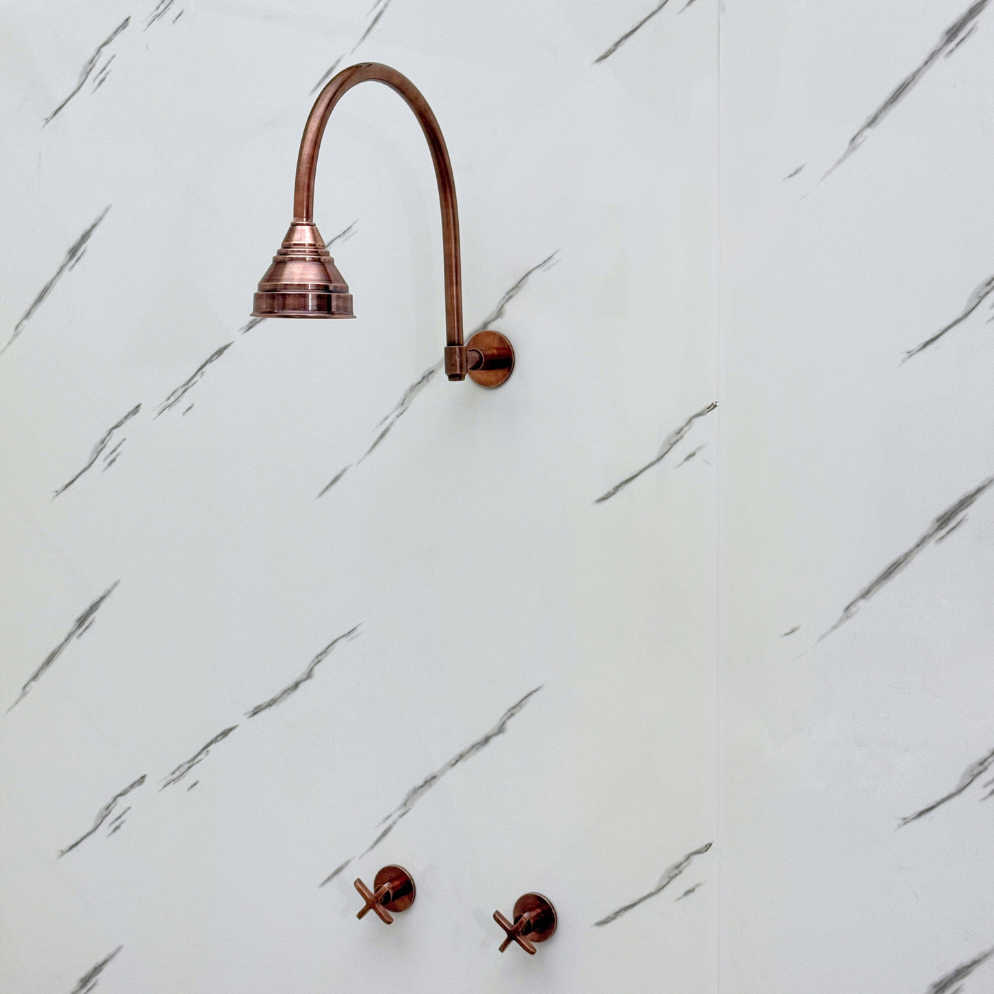 Antique Copper Shower System with Round Rain Shower Head, Arcuate Arm and Cross Handles