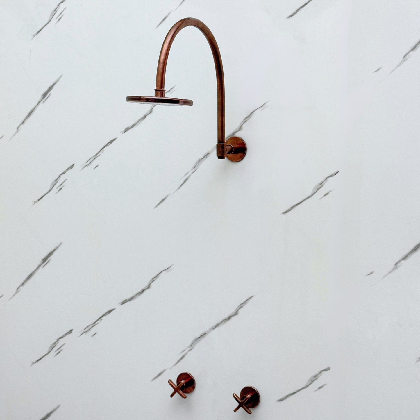 Antique Copper Shower System with Flat Round Rain Shower Head, Arcuate Arm and Cross Handles