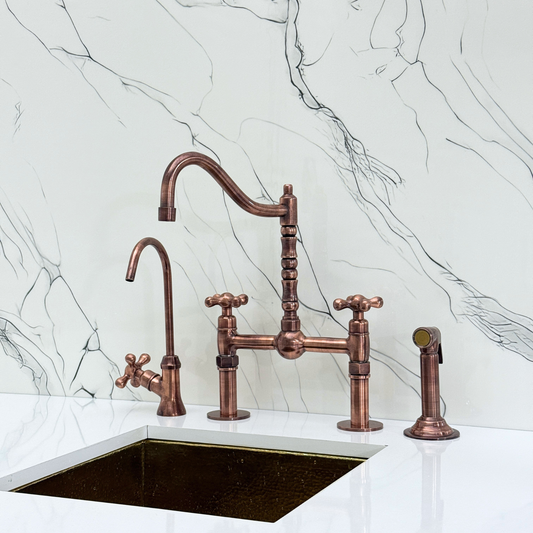 Antique Copper Victorian Bridge Faucet with Sprayer, Cold Water Faucet, Straight Legs and Cross Handles
