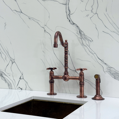 Antique Copper Victorian Bridge Faucet with Sprayer, Cold Water Faucet, Straight Legs and Cross Handles