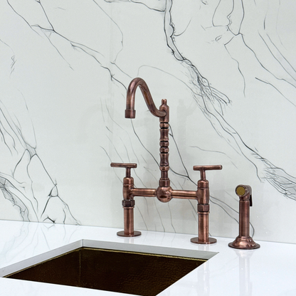 Antique Copper Victorian Bridge Faucet with Sprayer, Cold Water Faucet, Straight Legs and Lever Handles