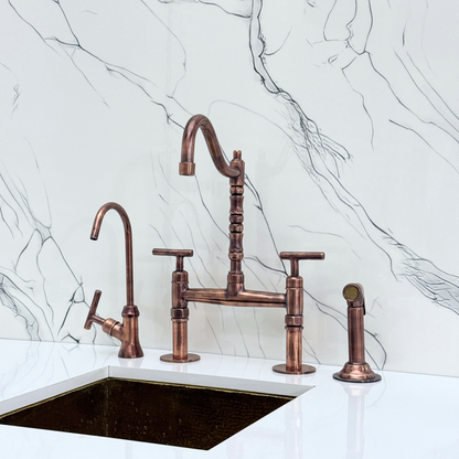 Antique Copper Victorian Bridge Faucet with Sprayer, Cold Water Faucet and Lever Handles