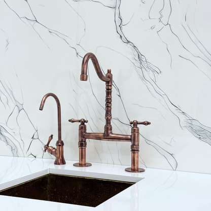 Antique Copper Victorian Bridge Faucet with Sprayer, Cold Water Faucet and Lever Handles