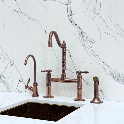 Antique Copper Victorian Bridge Faucet with Sprayer, Cold Water Faucet and Lever Handles