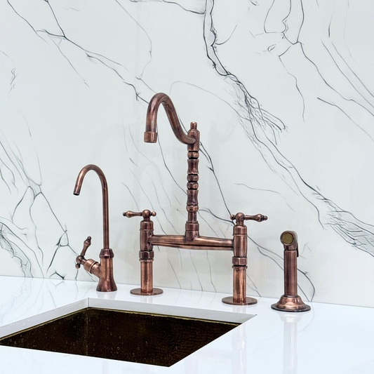 Antique Copper Victorian Bridge Faucet with Sprayer, Cold Water Faucet and Lever Handles