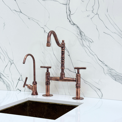 Antique Copper Victorian Bridge Faucet with Sprayer, Cold Water Faucet and Lever Handles