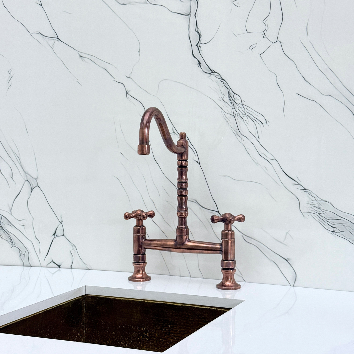 Antique Copper Bridge Victorian Kitchen Faucet with Sprayer, Drinking Water Tap and Cross Handles