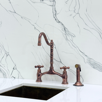 Antique Copper Victorian Bridge Kitchen Faucet with Sprayer, Drinking Water Tap and Cross Handles