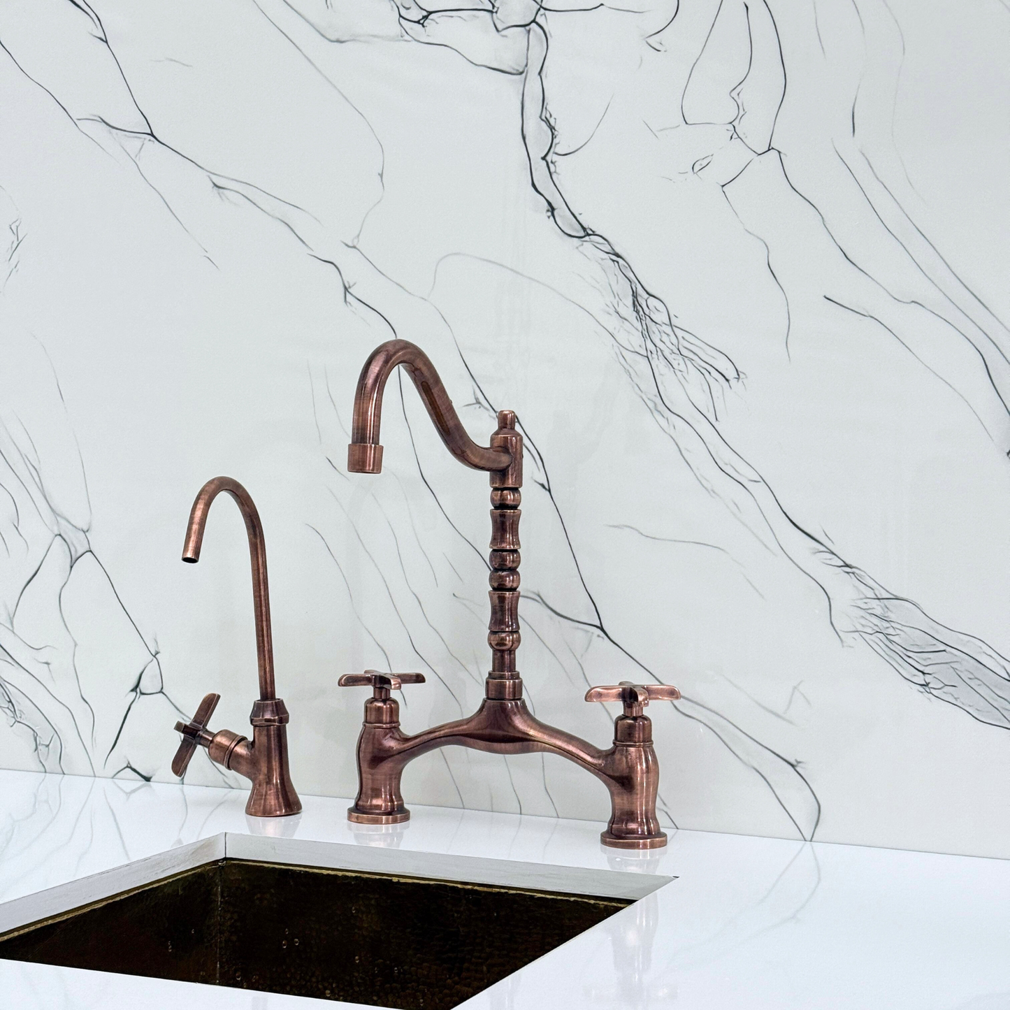 Antique Copper Victorian Bridge Kitchen Faucet with Sprayer, Drinking Water Tap and Cross Handles