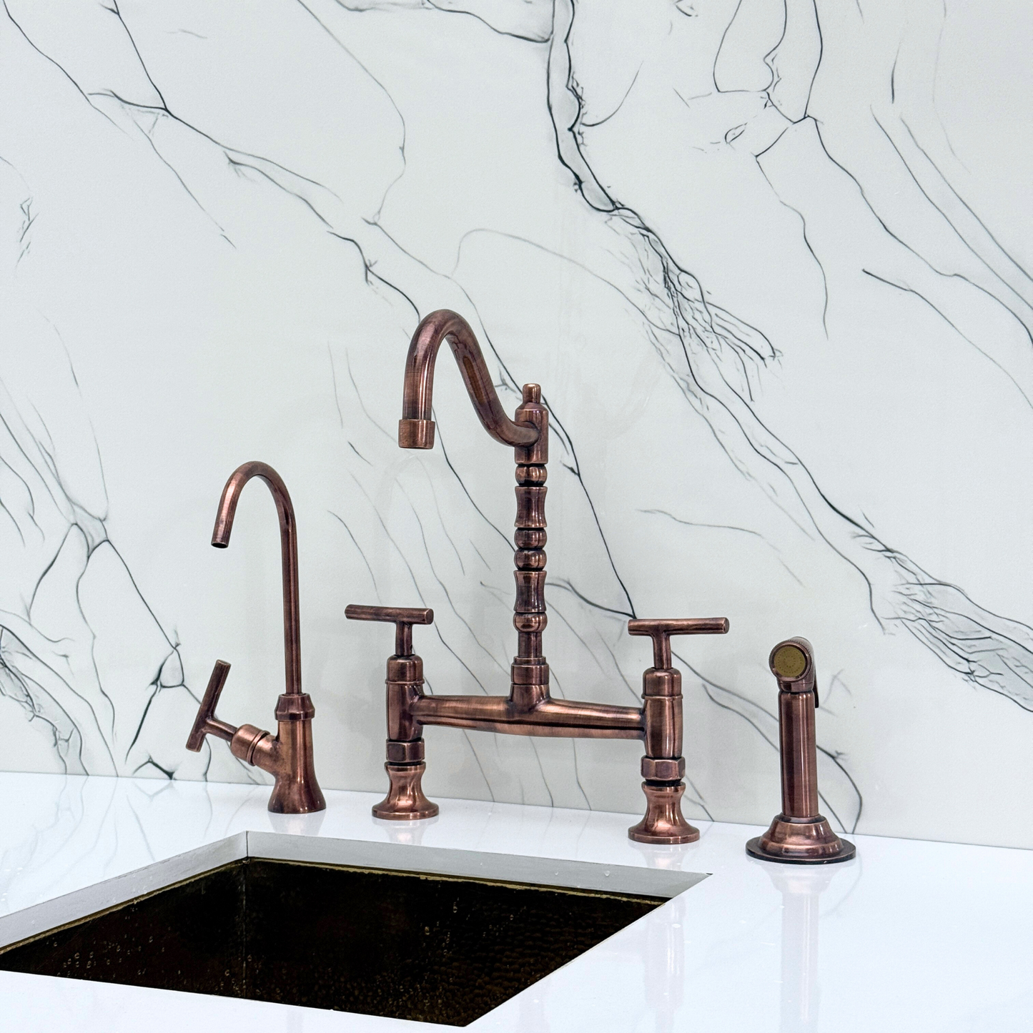 Antique Copper Bridge Victorian Kitchen Faucet with Sprayer, Drinking Water Tap and Lever Handles