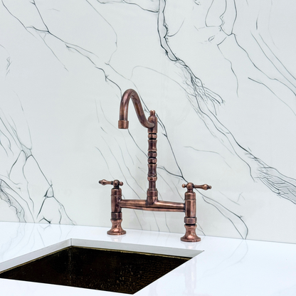 Antique Copper Bridge Victorian Kitchen Faucet with Sprayer, Drinking Water Tap and Lever Handles
