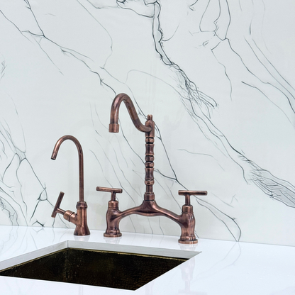 Antique Copper Victorian Bridge Kitchen Faucet with Sprayer, Drinking Water Tap and Lever Handles