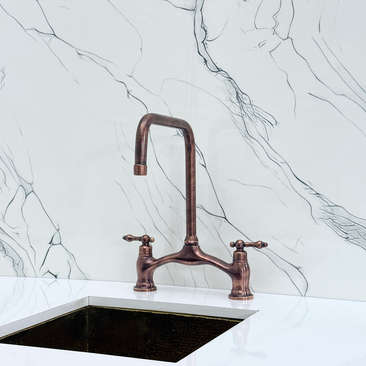 Antique Copper Vintage Bridge Kitchen Faucet with Sprayer, Drinking Water Tap and Lever Handles