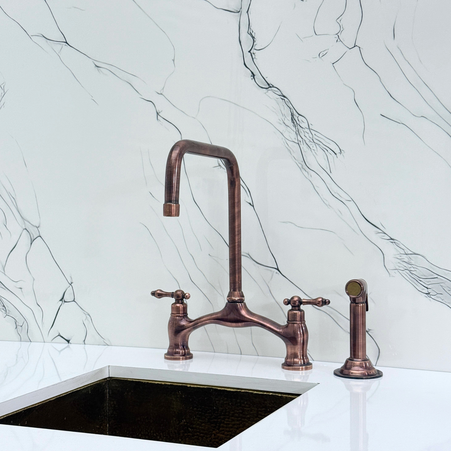 Antique Copper Vintage Bridge Kitchen Faucet with Sprayer, Drinking Water Tap and Lever Handles