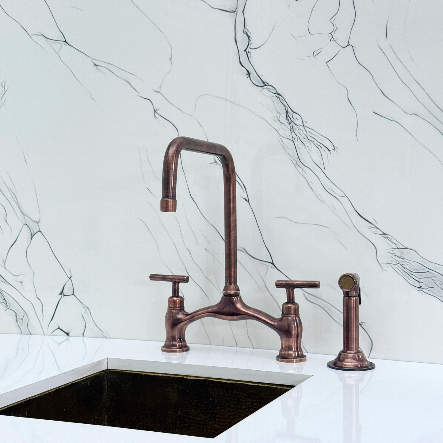 Antique Copper Vintage Bridge Kitchen Faucet with Sprayer, Drinking Water Tap and Lever Handles