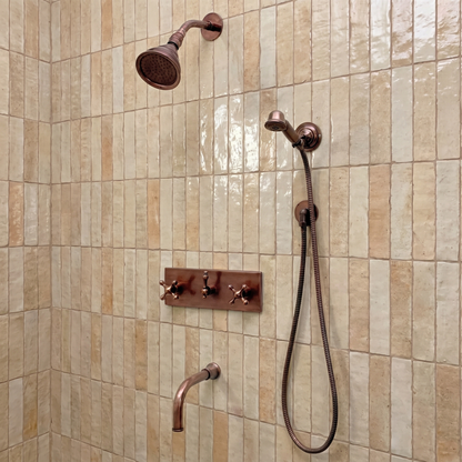 Antique Copper Shower System with Adjustable Round Rain Shower Head, Handheld Shower Head, Central Copper Plaque, Tub Filler and Cross Handles