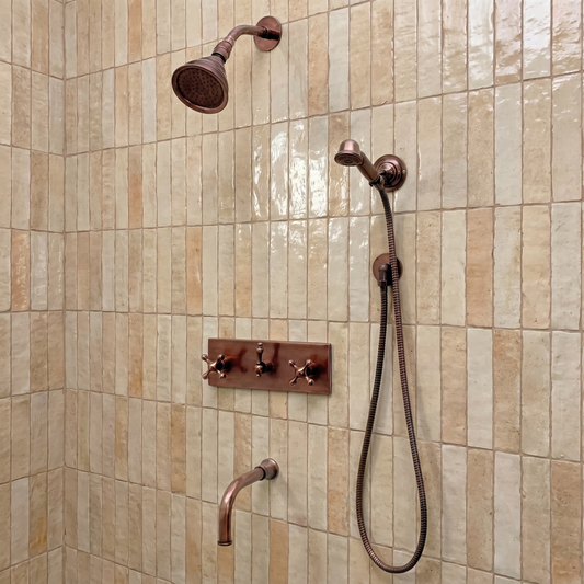 Antique Copper Shower System with Adjustable Round Rain Shower Head, Handheld Shower Head, Central Copper Plaque, Tub Filler and Cross Handles