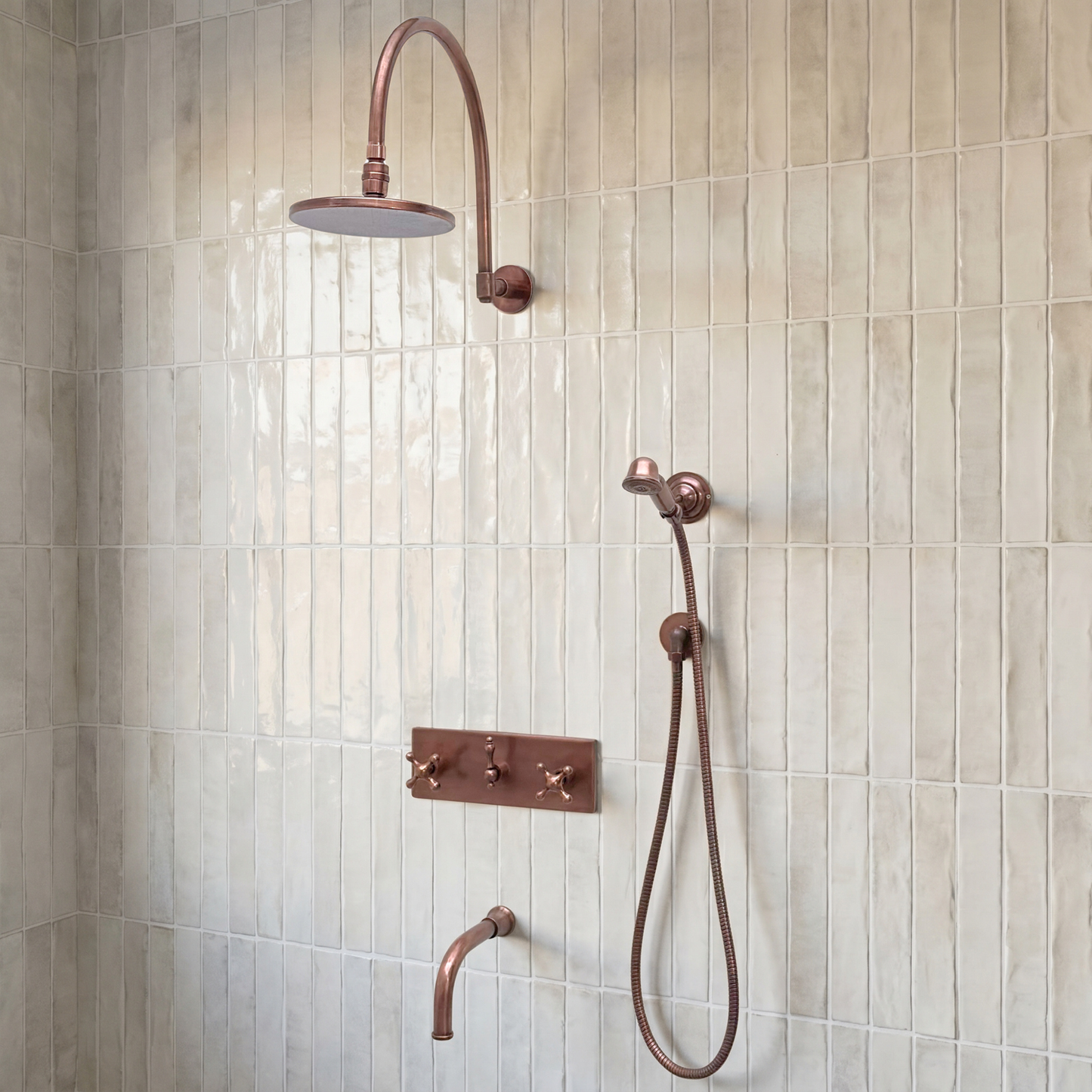 Antique Copper Shower System with Adjustable Flat Round Rain Shower Head, Handheld Shower Head, Central Copper Plaque, Tub Filler and Cross Handles
