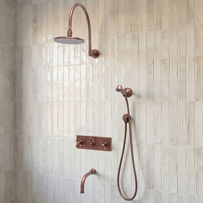 Antique Copper Shower System with Adjustable Flat Round Rain Shower Head, Handheld Shower Head, Central Copper Plaque, Tub Filler and Cross Handles