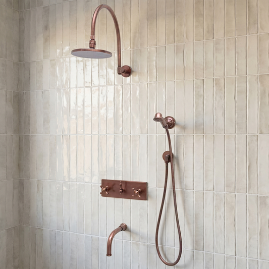 Antique Copper Shower System with Adjustable Flat Round Rain Shower Head, Handheld Shower Head, Central Copper Plaque, Tub Filler and Cross Handles