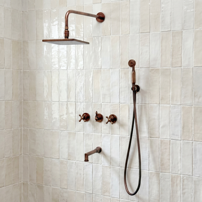 Antique Copper Shower System with Adjustable Flat Square Rain Shower Head, Handheld Shower Head, Tub Filler and Cross Handles