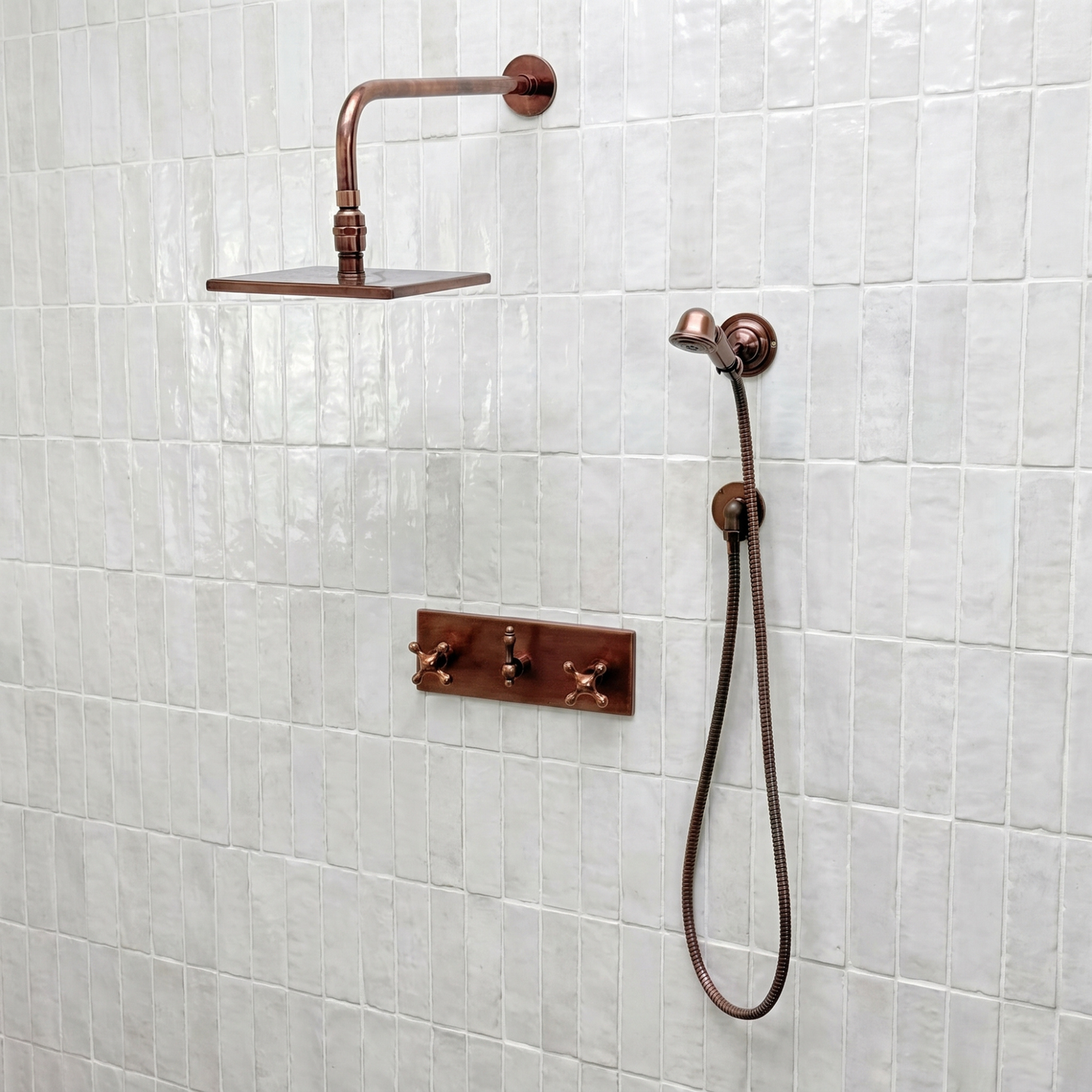 Antique Copper Shower System with Adjustable Flat Square Rain Shower Head, Handheld Shower Head, Central Copper Plaque and Cross Handles
