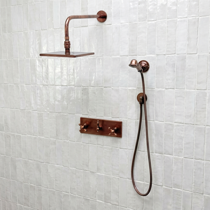 Antique Copper Shower System with Adjustable Flat Square Rain Shower Head, Handheld Shower Head, Central Copper Plaque and Cross Handles
