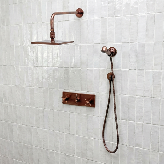 Antique Copper Shower System with Adjustable Flat Square Rain Shower Head, Handheld Shower Head, Central Copper Plaque and Cross Handles