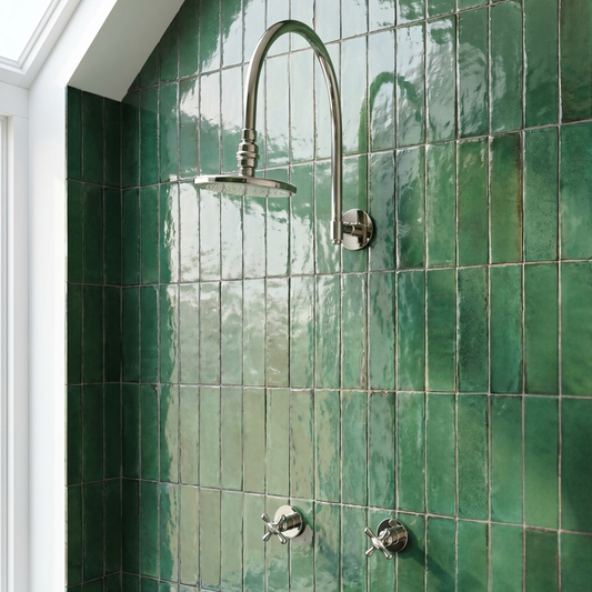 Polished Nickel Shower System with Flat Round Rain Shower Head, Arcuate Arm and Cross Handles