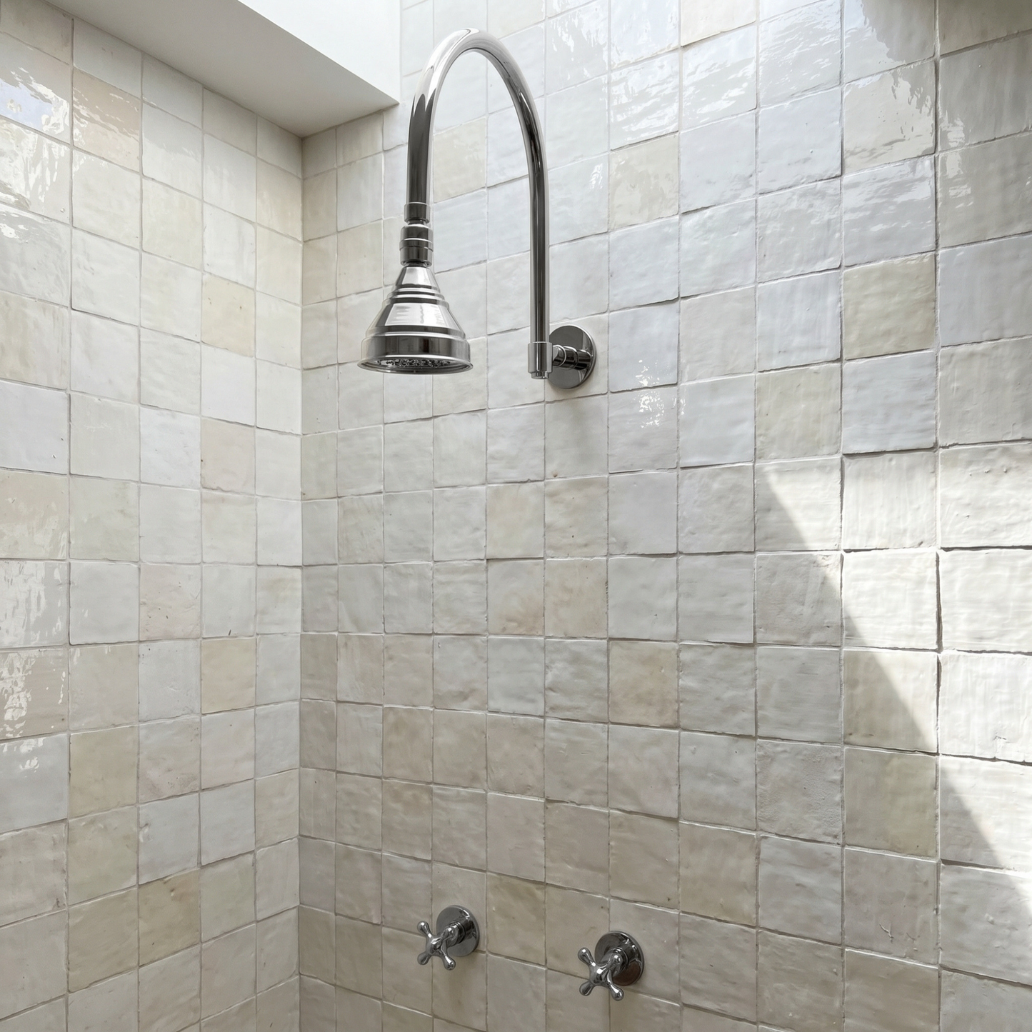 Polished Nickel Shower System with Round Rain Shower Head, Arcuate Arm and Cross Handles